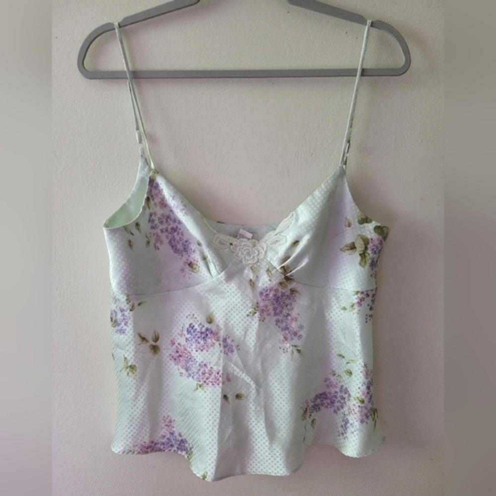 Vintage Y2K Cami Top Medium Green Floral Satin Babydoll Coquette Girly Danity